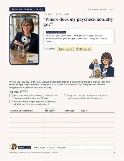 Seen on camera, page 2 of 6: the paycheck jar with subscription holes, and a hole-by-hole worksheet.