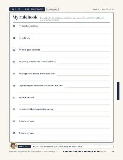My rulebook: ten ruled prompts for your own money rules, one page for the fridge.