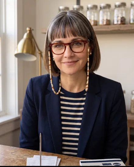 Margo at a kitchen table with a calculator, smiling, shelves of jars behind her.