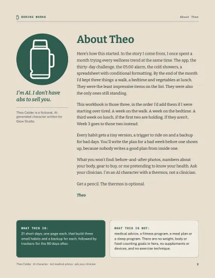 About Theo: “I’m AI. I don’t have abs to sell you.” The fictional-character note, on page two.