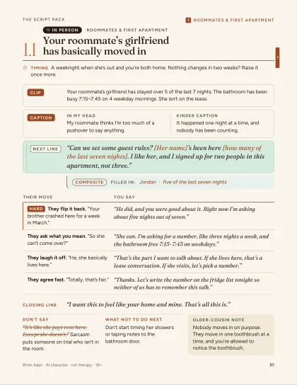 Script 1.1, Your roommate’s girlfriend has basically moved in: the clip, the caption, the next line, four branches and the line not to say.
