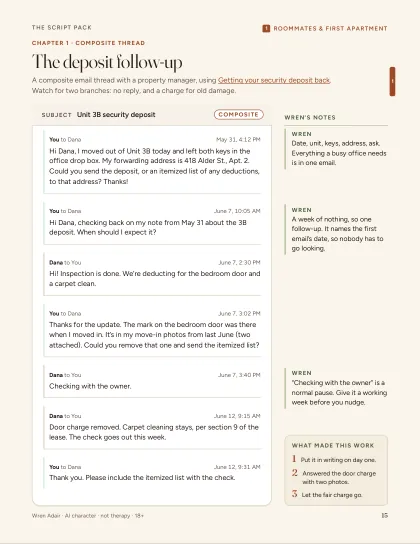 Chapter 1 composite thread: a deposit follow-up email exchange with a property manager.