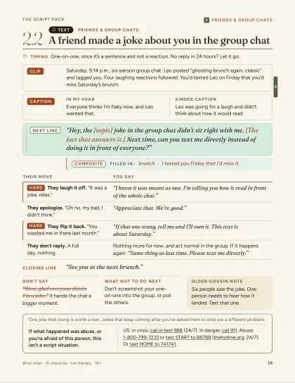Script 2.2, A friend made a joke about you in the group chat: the one-on-one text, four ways they might answer, and the line to skip.